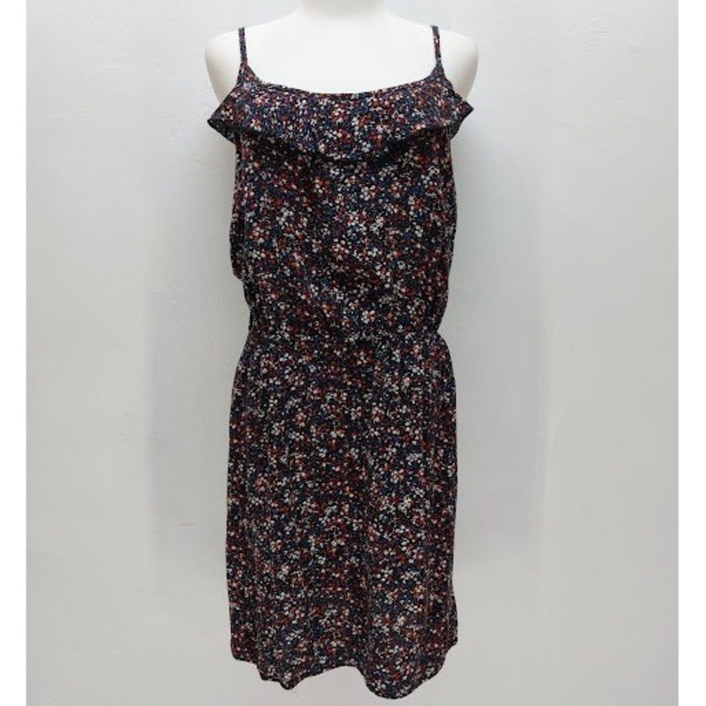 Renee C Floral Ruffle Dress Women's Large Navy Blue Red Ditsy Print Cottagecore